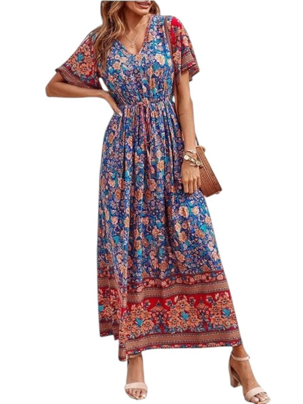 Pretty Garden Women's Size M Boho Floral Vibrant Blue Orange Maxi Dress NEW